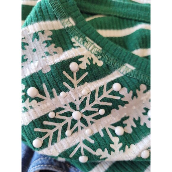 CJ Banks Top 3X Green White Striped Long Sleeve Snowflake Design - Picture 5 of 7